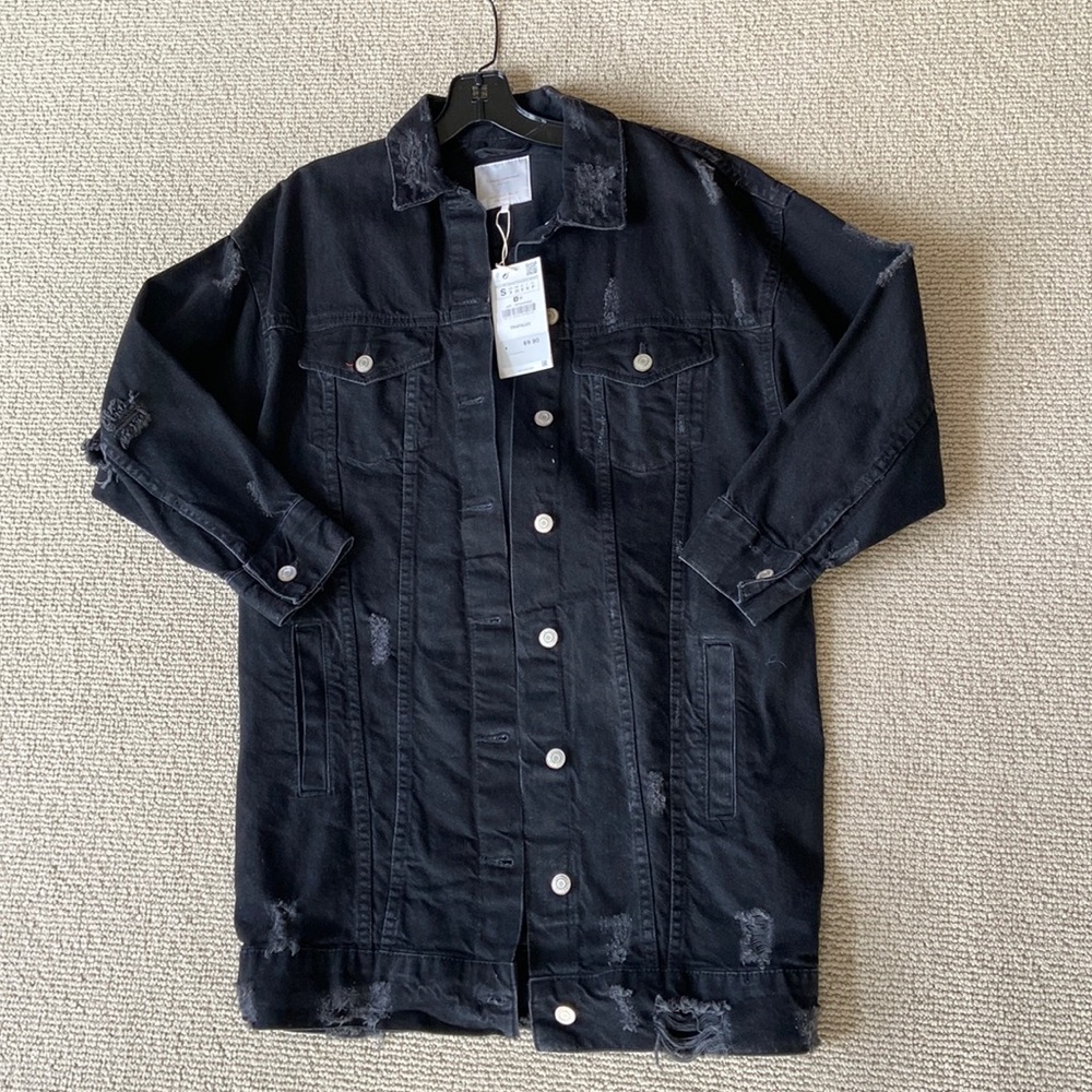 Zara - long black destroyed jean jacket